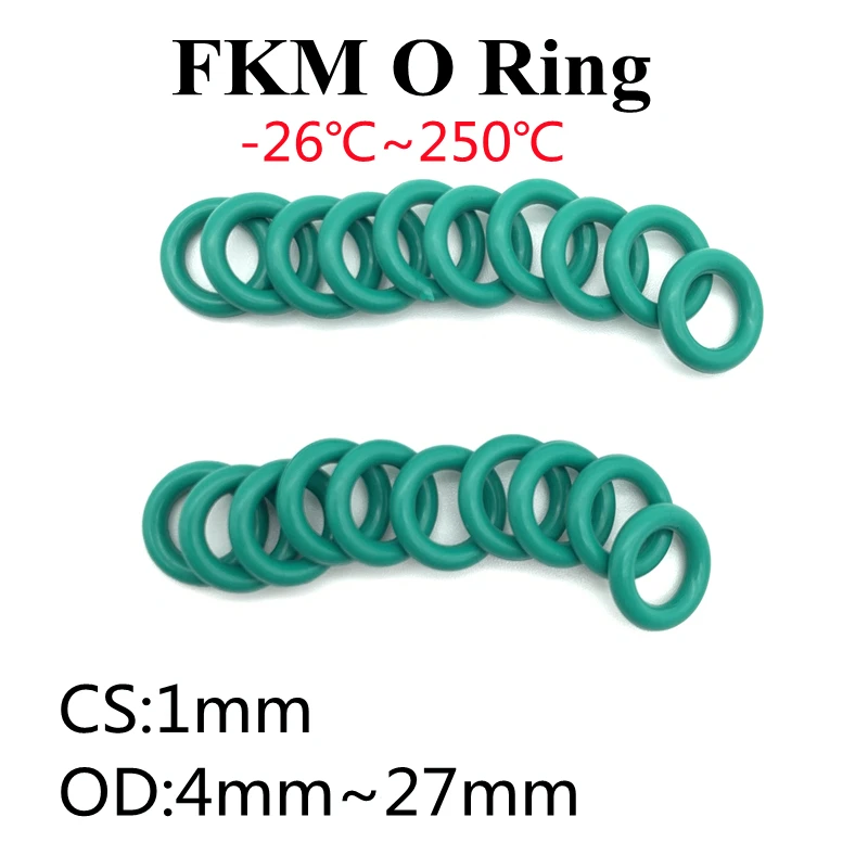 

50pcs Superior FKM Fluorine Rubber O Ring CS 1mm OD 4mm ~ 27mm Sealing Gasket Insulation Oil High Temperature Resistance Green