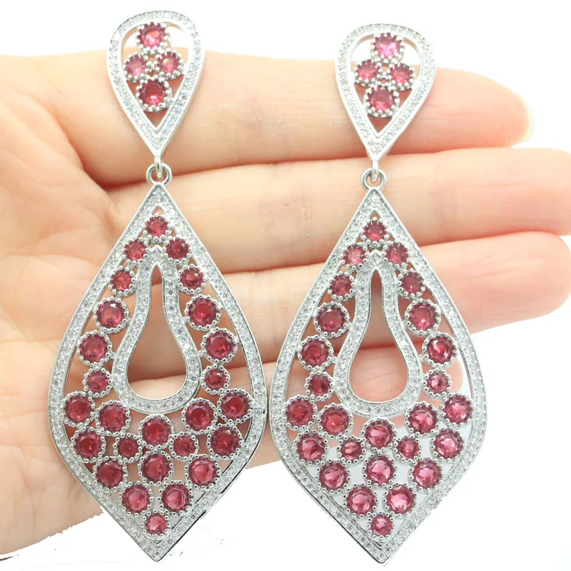 

87x33mm Awesome Long Big Heavy 26g Raspberry Rhodolite Garnet Women Dating Eye Catching Silver Earrings