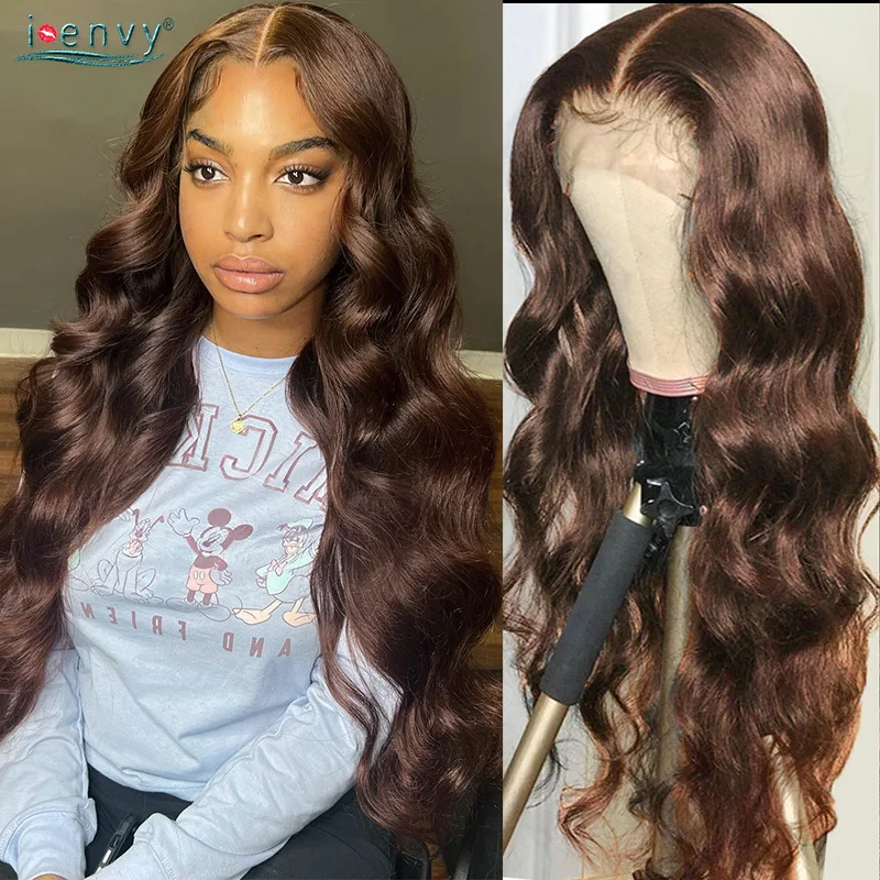 Chocolate Brown Lace Front Human Hair Wigs Curly #4 Brown Colored Body Wave Human Hair Lace Frontal Wig Preplucked 180% Remy