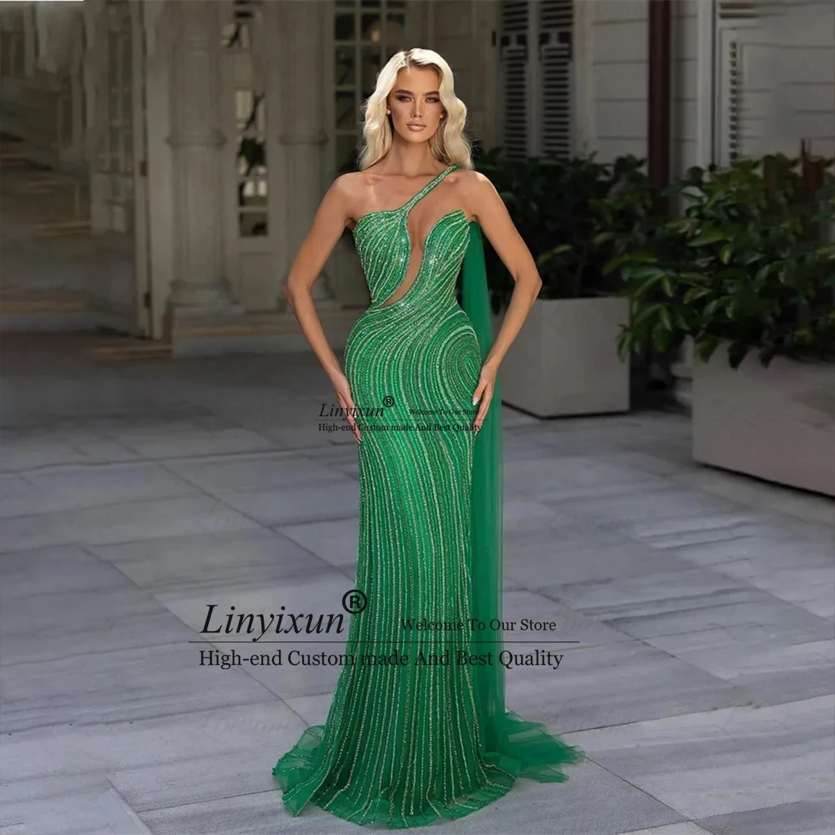 

Sexy Asymmetric Long Mermaid Prom Dresses Sequined Backless Sleeveless Tulle Evening Gowns Women Court Train Vestidos De Noche