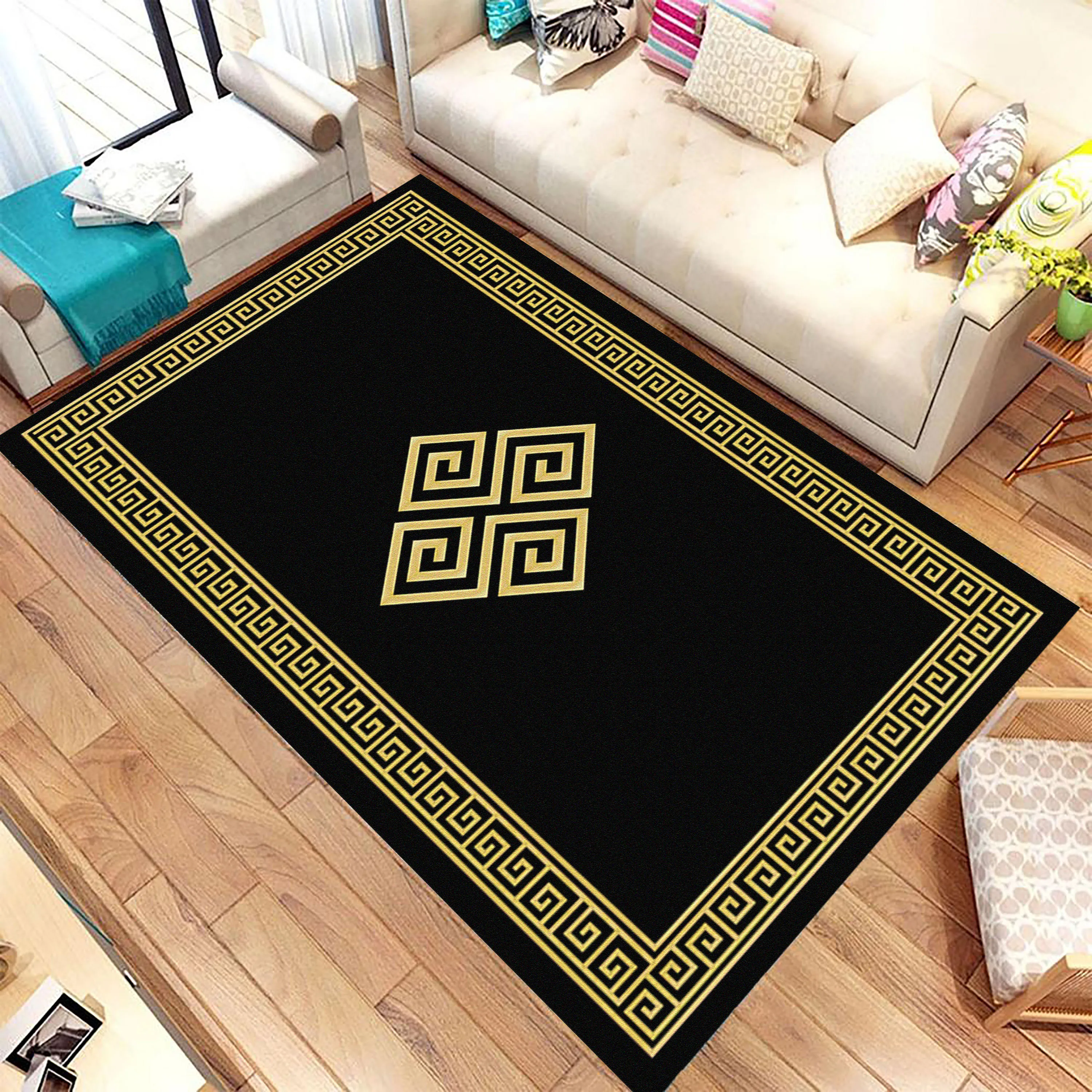

Woven Turkish Gold Black Area Rug Fashion Carpet Floor Soft Modern Decoration Home Decor Thick Runner Durable Kilim