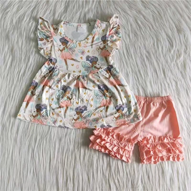

summer infant girl shorts set girl flutter sleeve top and pink shorts kids set clothes 2 piece children clothing set