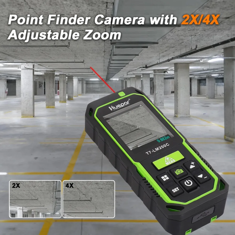 

Huepar Laser Distance Meter with Camera 2X/4X Zoom 656Ft High Accuracy Rechargeable Laser Measure M/In/Ft with 17 Modes- LM200C
