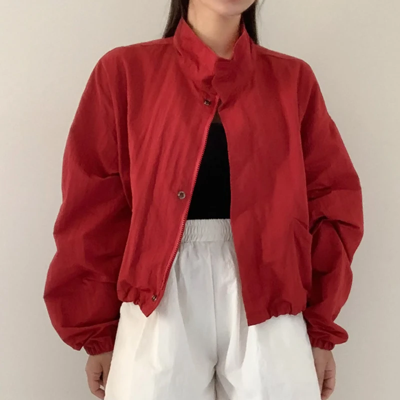 

Clothland Women Fashion Red Black Bomber Jacket Long Sleeve Zipper Coat Stand Collar Basic Outwear Tops CA328
