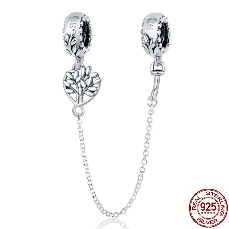 Hot Sale Charms Plata De Ley Silver Life Tree Heart Safety Chain Charm Fit For Pandora's Original Beads Bracelet Jewelry CMS1631