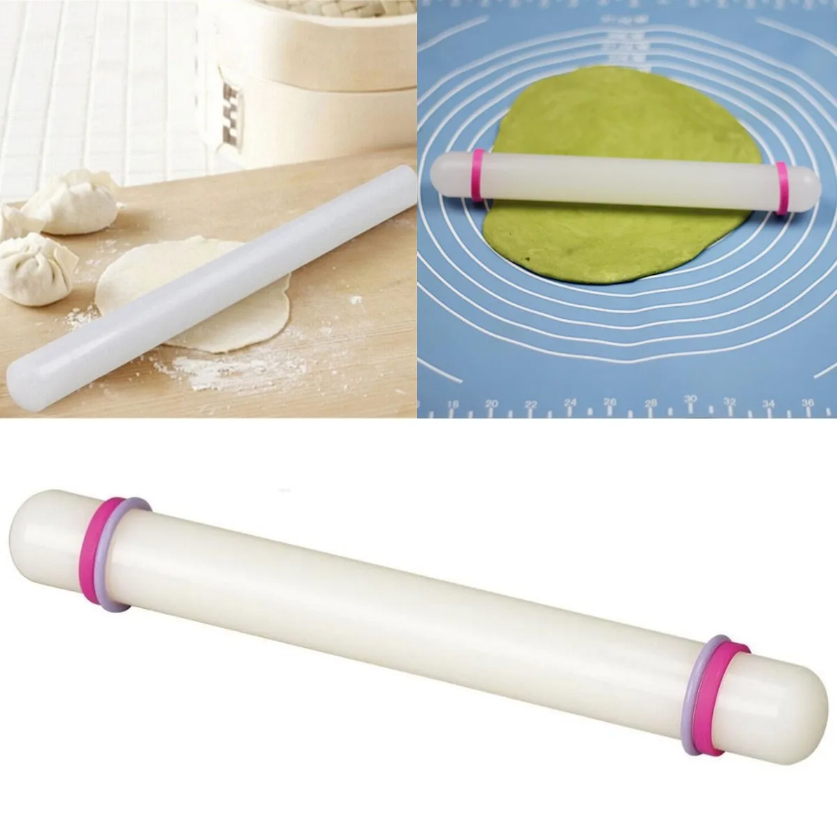 

23 Cm Non-Stick Sugar Craft Fondant Rolling Pin High Quality Plastic White Dough Roller Decorating Gift Roller With Guide Rings