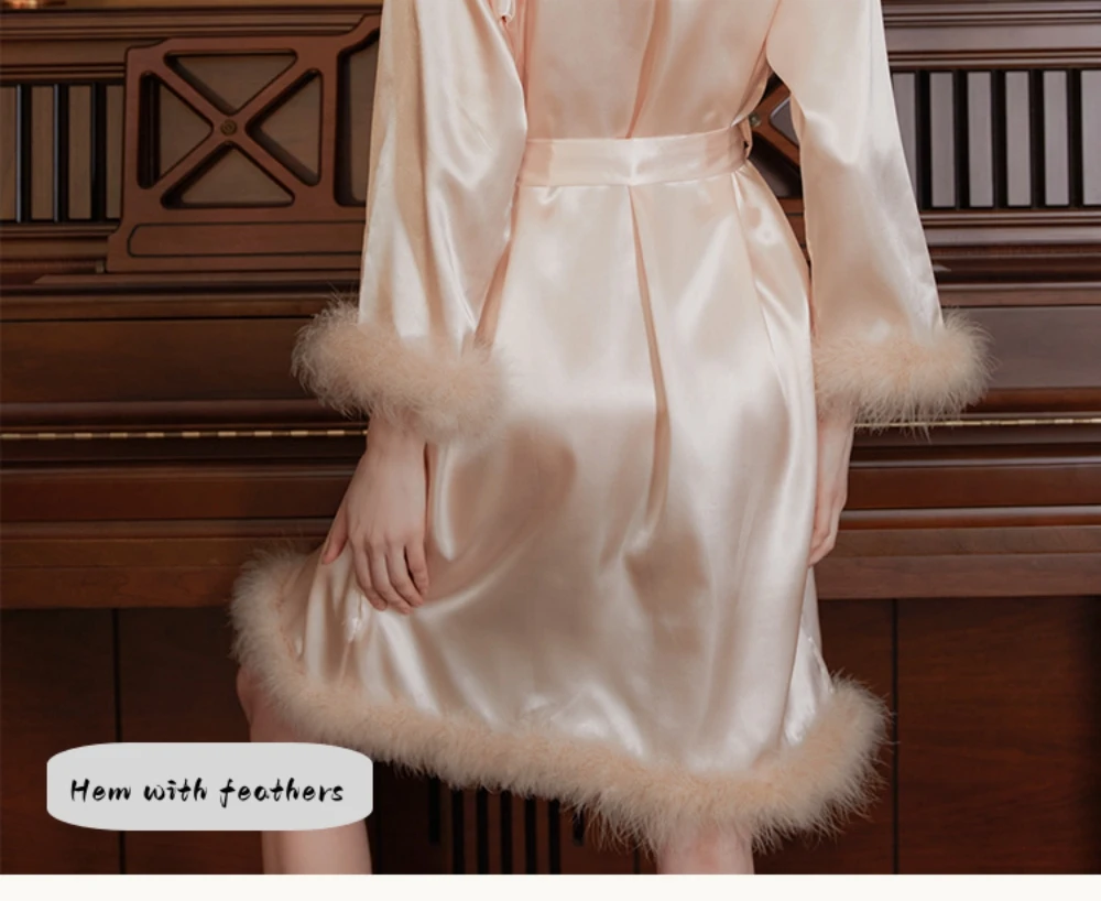 Wedding Bride Robe with Feather Bathrobe Nightwear Long Elegant Woman Casual Sexy Kimono Sleepwear Intimate Night Gown