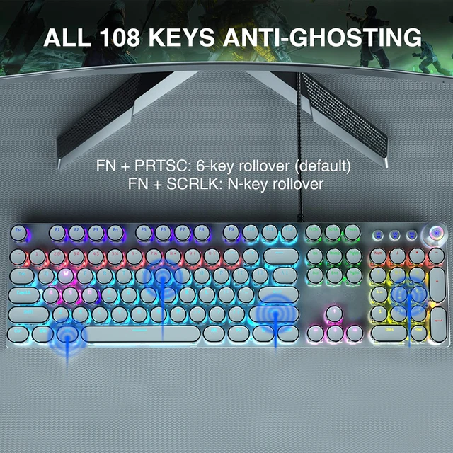 Retro Typewriter Keyboard Mechanical Gaming Blue Switch Media Control Knob Rainbow Backlit Punk Round Keycaps USB Wired Computer 5
