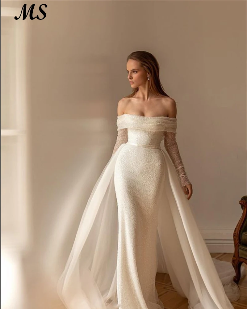 

MS Attachable Strap Wedding Gowns Off The Shoulder Sweetheart White Glitter Long Bride Gowns Robe De Mariee Custom Made Women