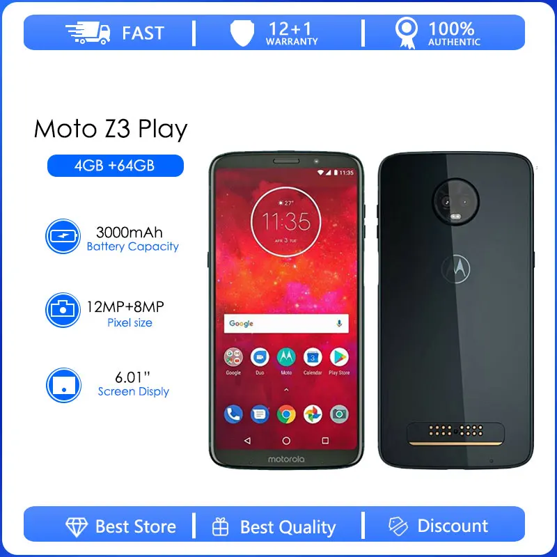 

Motorola Z3 Play телефон, Восстановленный, оригинальный, на базе Android, 4 Гб ОЗУ 64 Гб ПЗУ, экран 5,5 дюйма, 13 МП, NFC, 4G LTE
