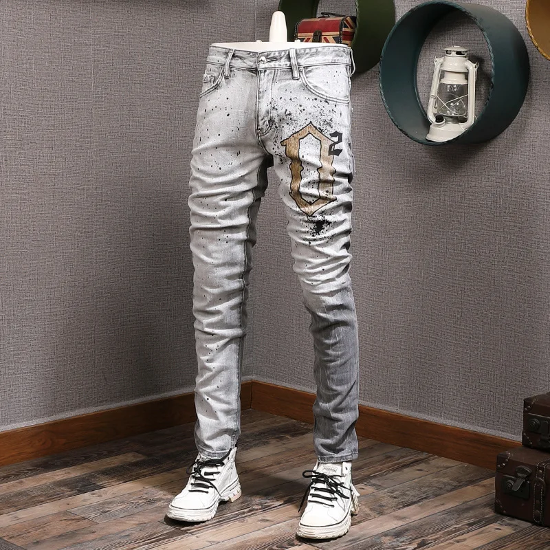 Fashion New Trendy Brand Personality Washed Light Gray Splashed Ink Grinding White Youth Trousers Slim-Fit Mid-Waist Jeans Men