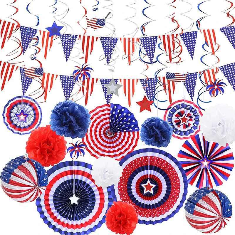 

July 4th Patriotic Party Pennant Banner Set USA Independence Day Holding Flag Hanging Paper Fan Party Decoration Supplies Gifts