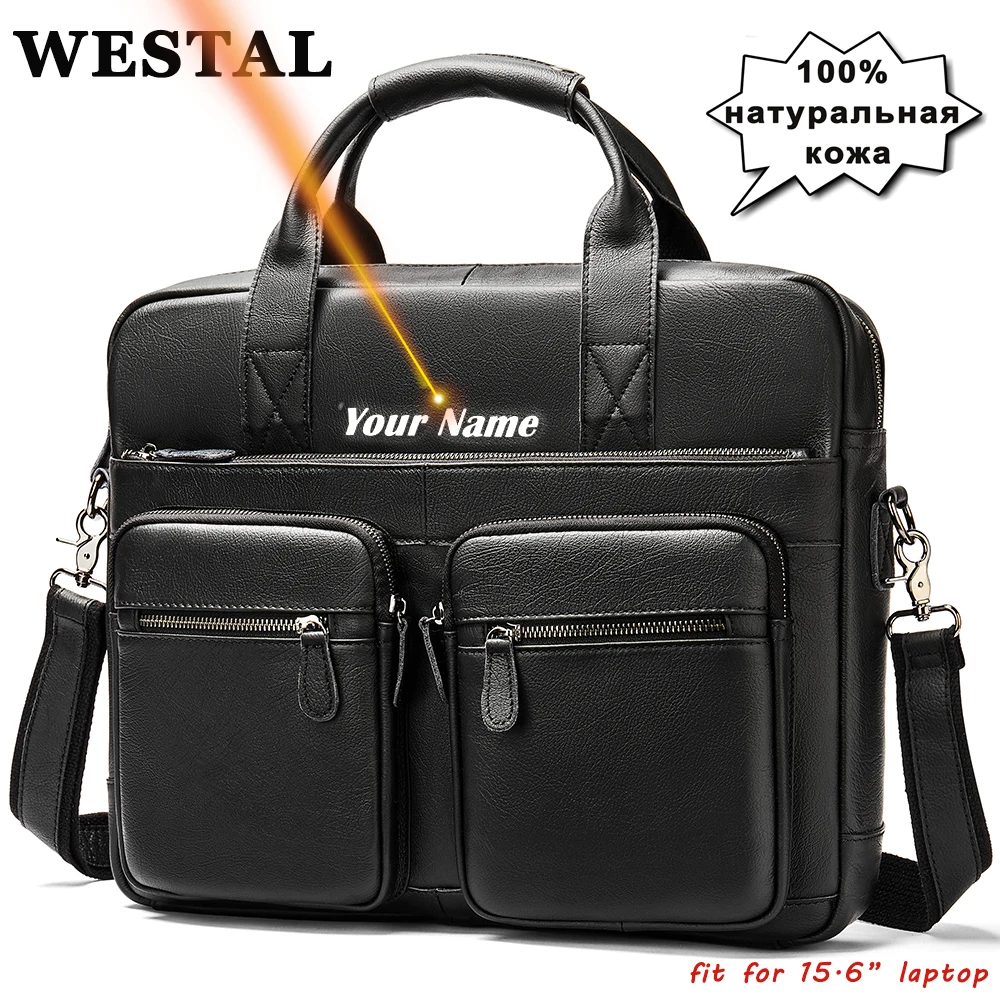 WESTAL Genuine Leather Men's Briefcase Male Leather Office Computer Bag Business Messenger Bag 15.6
