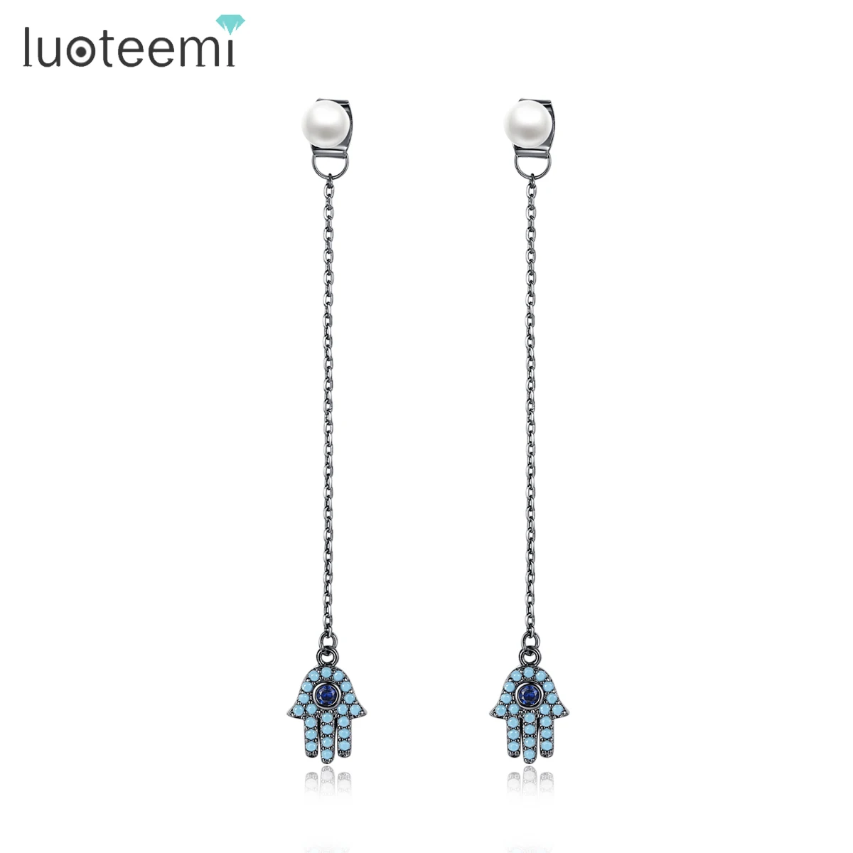 

LUOTEEMI Luxury Long Chain With Bule Cubic Zirconia Micro Paved Turkish Eye Drop Dangle Earrings for Women Boucle D'oreille