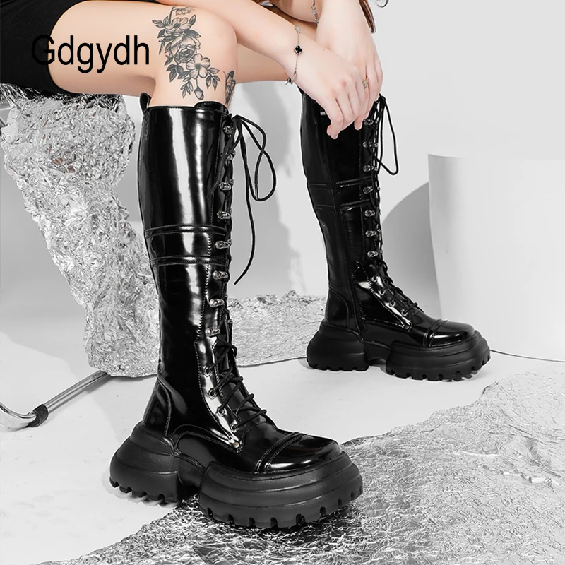 

Gdgydh Women's Handmade Knee High Mid Calf Boots Laces Adjustable Straps Full Zipper Chunky Lug Sole Platform Winter Boots Goth