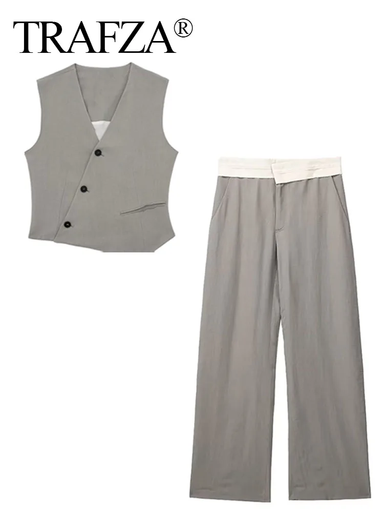 

TRAFZA Summer New Women's Fashion 2-piece Sexy V-Neck Elegant Vintage Casual Set Loose Pants ＋Commuter Woman's Holiday Tops Suit
