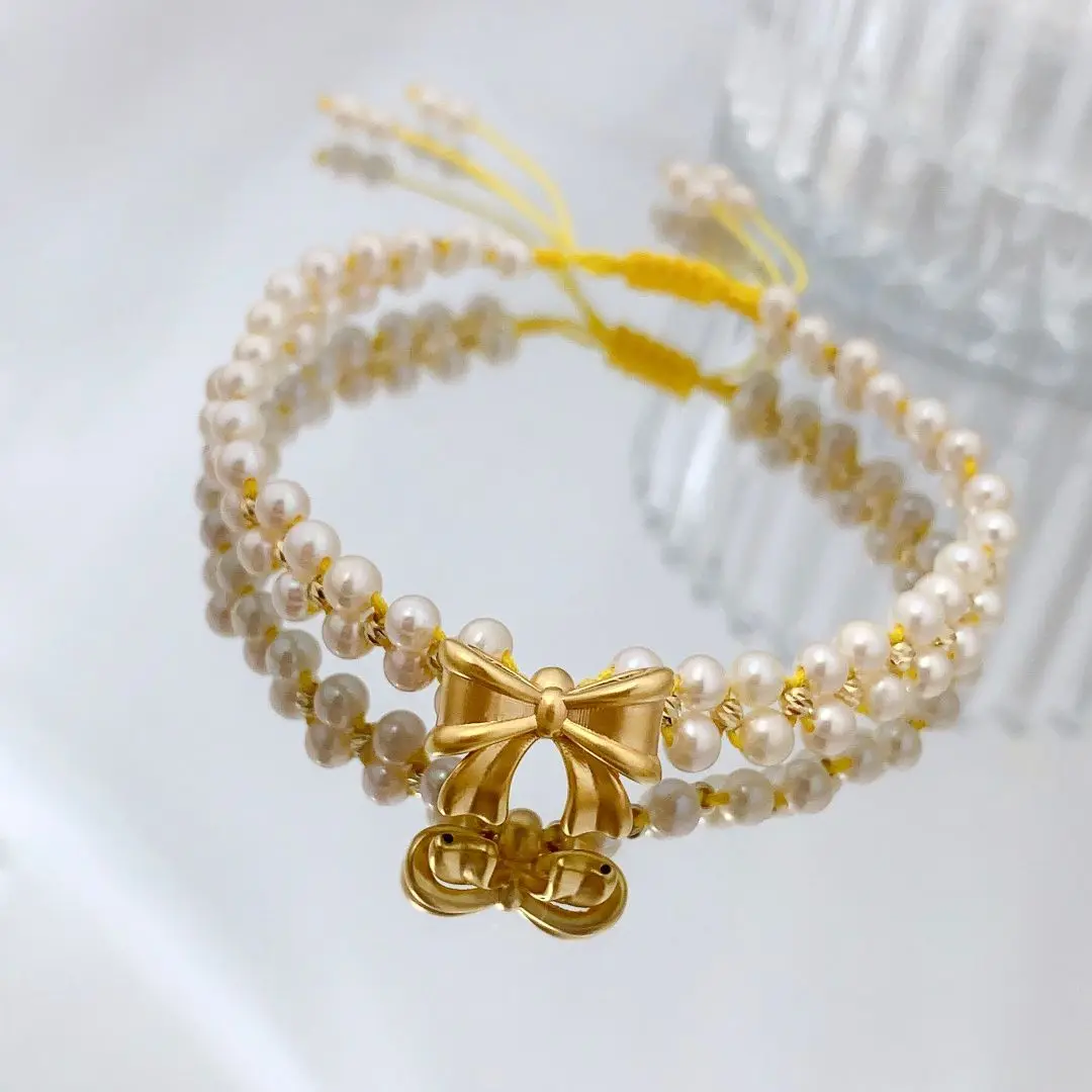 Женский браслет из пресноводного жемчуга MADALENA SARARA 4 мм-5 мм с бантом 18 к