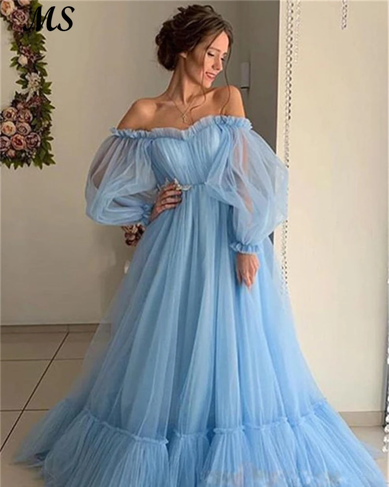 

MS Baby Blue Tulle A Line Prom Gowns Sweetheart Puff Sleeves Floor Length Fairy Evening Party Dress For Teen Girls Gradution