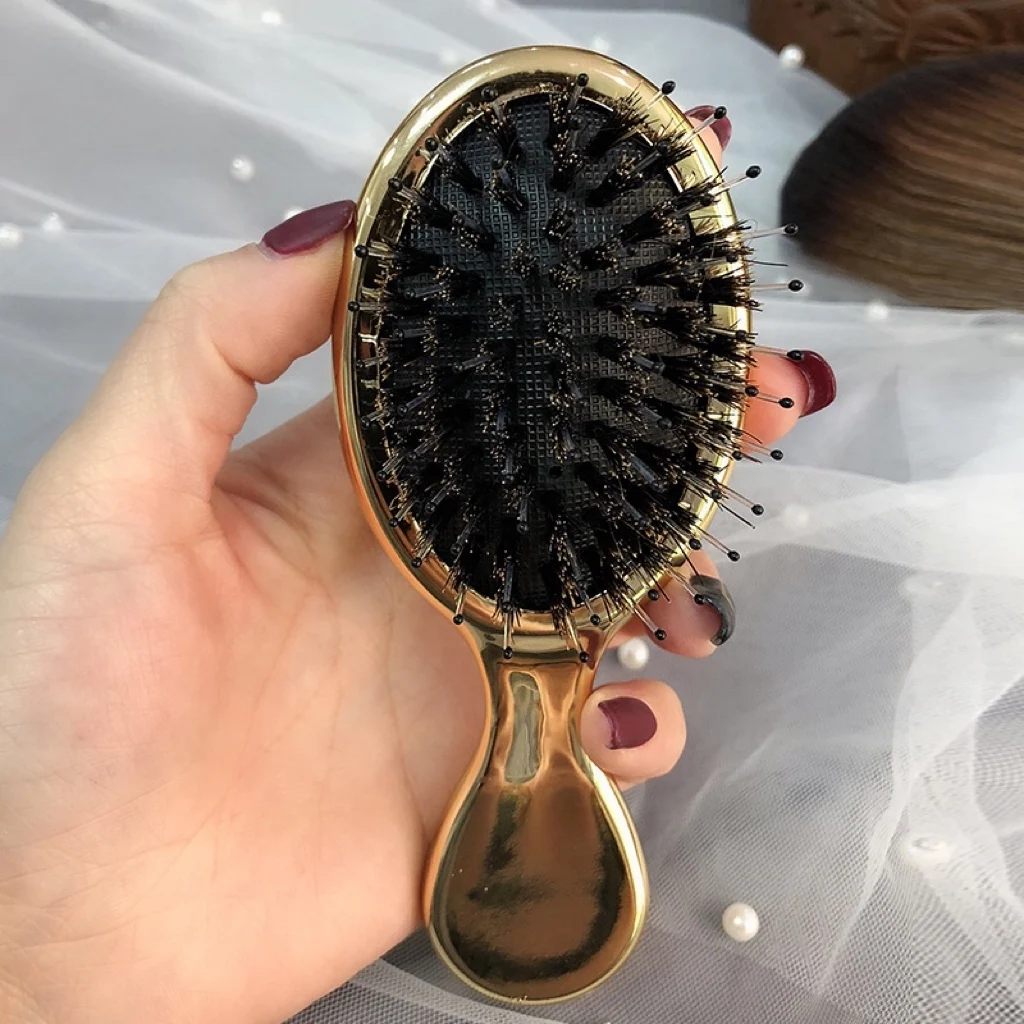 

Mini Boar Bristle Hair Brush Small Hair Brush For Travel Mirror Comb Paddle Brush Head Massager Detangling Hair Styling Tool