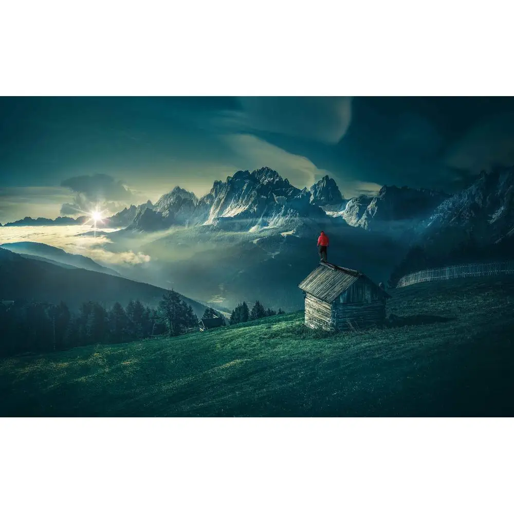 LinxOne постер &quotЧеловек горы строение горный пейзаж ночь&quot на экокоже с алюм