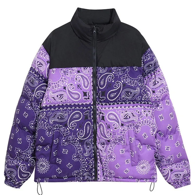 Fashion High Street Winter New Men'S Cotton-Padded Jacket Youth Cashew Flower Print Contrasting Color Thickened Zip Jacket