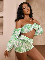 glamaker green leaf print beach 2 piece sets women knotted on the chest crop top and high waist short holiday summer casual sets