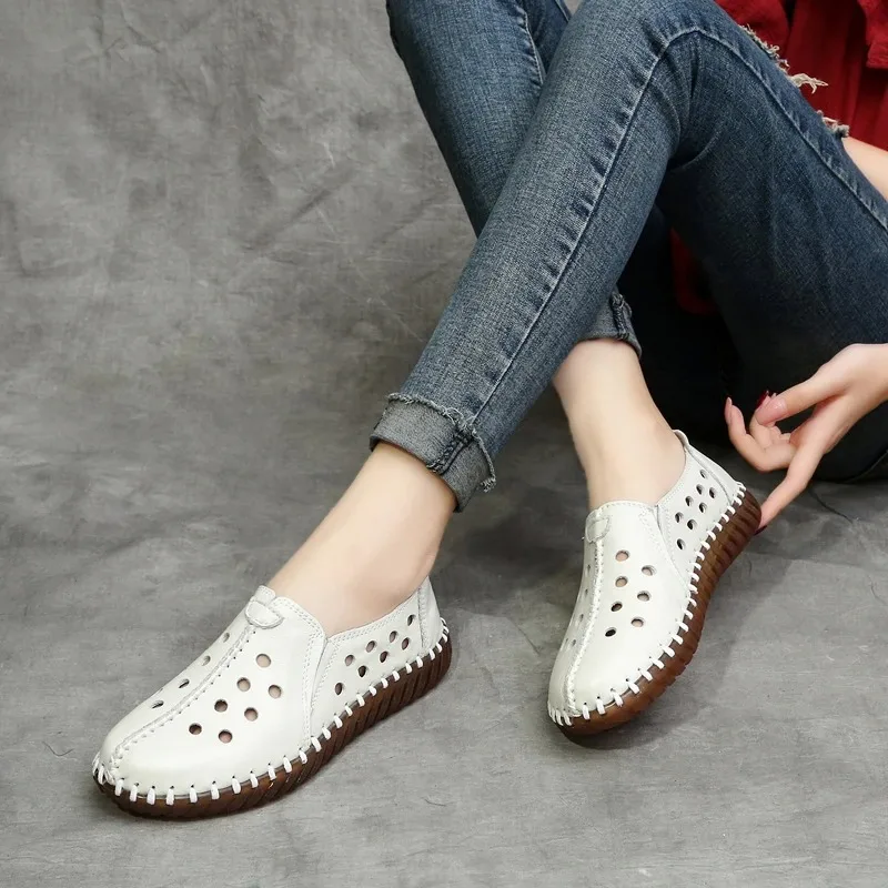 Cozy Orthopedic Sandals Women Genuine Leather Shoes Woman Summer Breathable Hollow Moccasins Women's Wide Fit Loafers Female