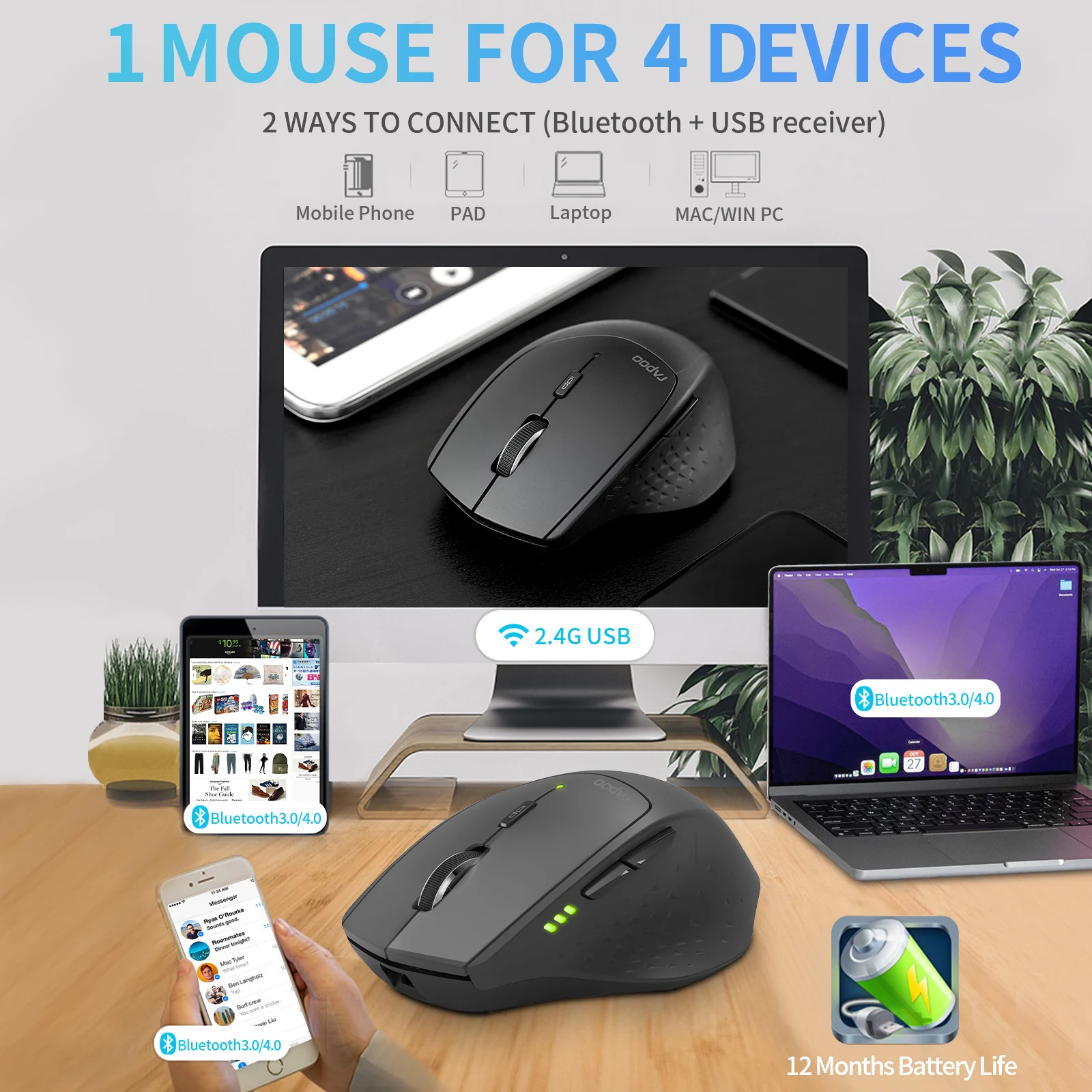 Rapoo MT550 Multi-Mode Wireless Mouse Ergonomic Buetooth 1600 DPI Optical Mice for computer PC Laptop Support 4 Devices | Компьютеры и