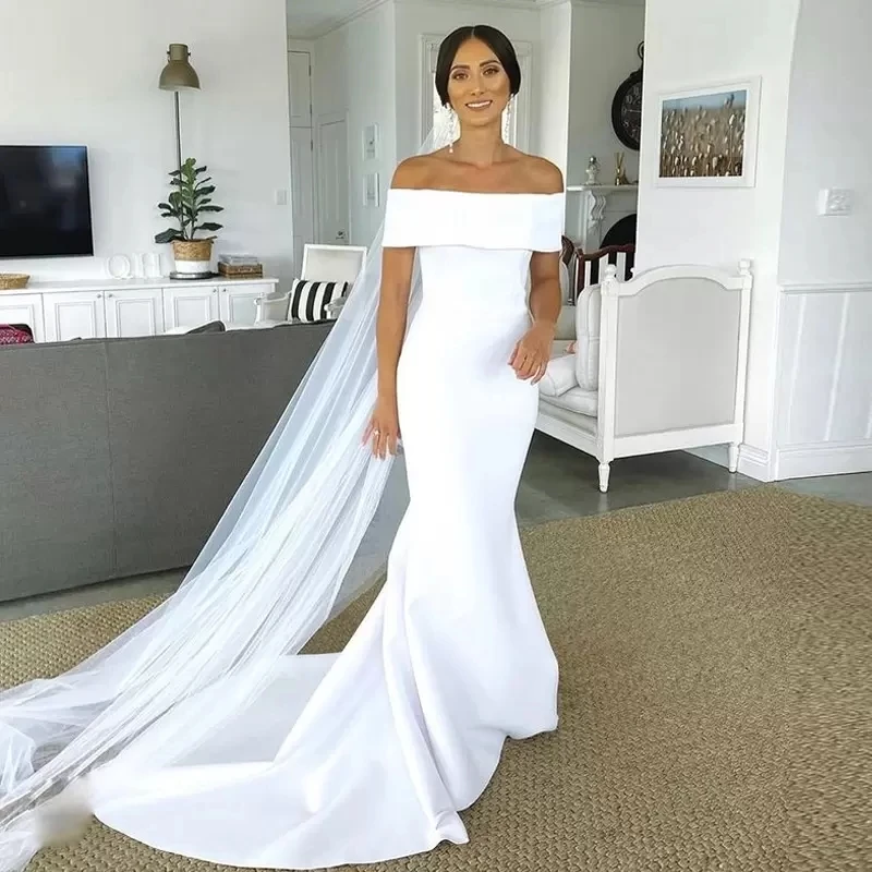 

LOJO wd329 Mermaid Off Shoulder Wedding Dresses Tulle Bow Backless Satin Vestidos De Novia Country Bridal Gowns