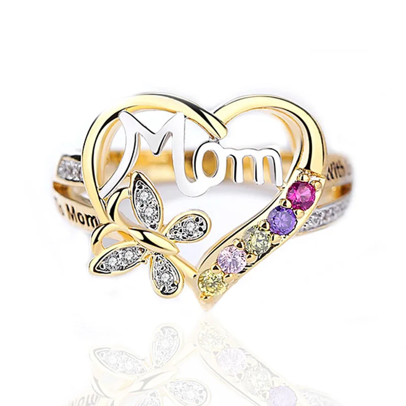 

Fashion Gold Heart Finger Ring for Women Colorful Crystal Rhinestone Butterfly Birthstones Mom Rings Mother's Day Gift Jewelry