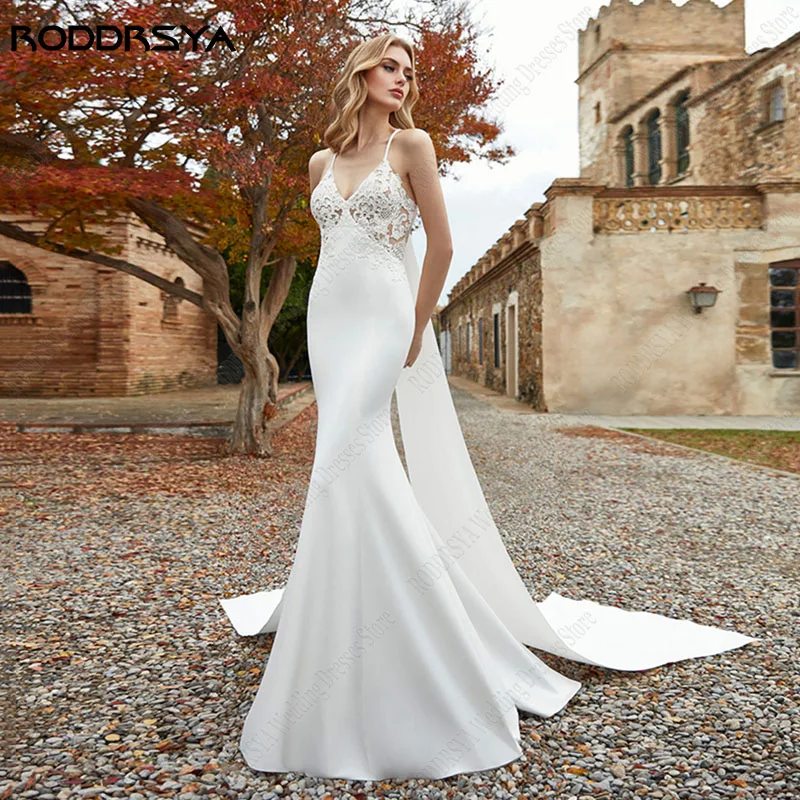 Купи RODDRSYA Mermaid Appliques Wedding Dresses Spaghetti Straps Lace Bridal Gowns Simple Soft Satin Sweep Train Vestido De Novia за 6,264 рублей в магазине AliExpress