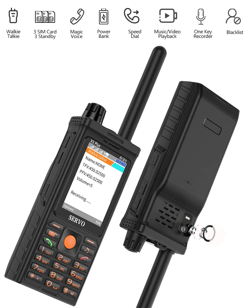 

Servo X3 Plus Two Way Radio Mobile Phone 3 Sim Cards Uhf Long Range Walkie Talkie Phone Power Bank Speed Dial Auto Record Call