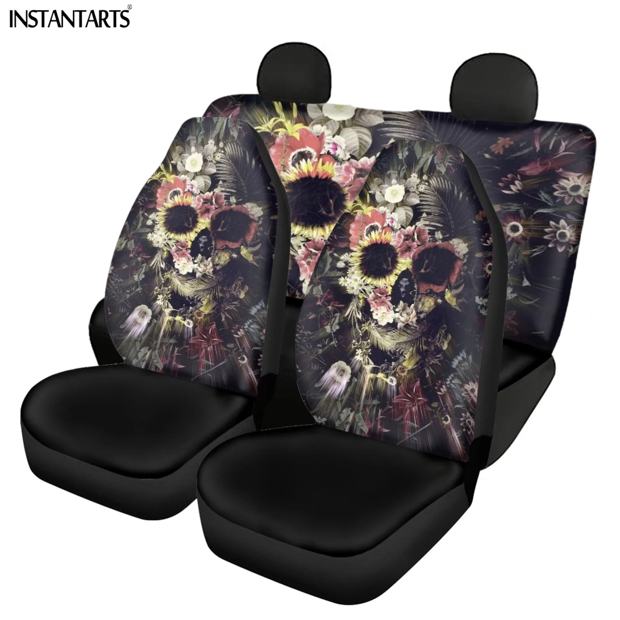 

INSTANTARTS Floral Skull Design Vehicle Seat Covers Set Fashion Useful Stain Resistant Hand Washable Polyester Pads for Most Car