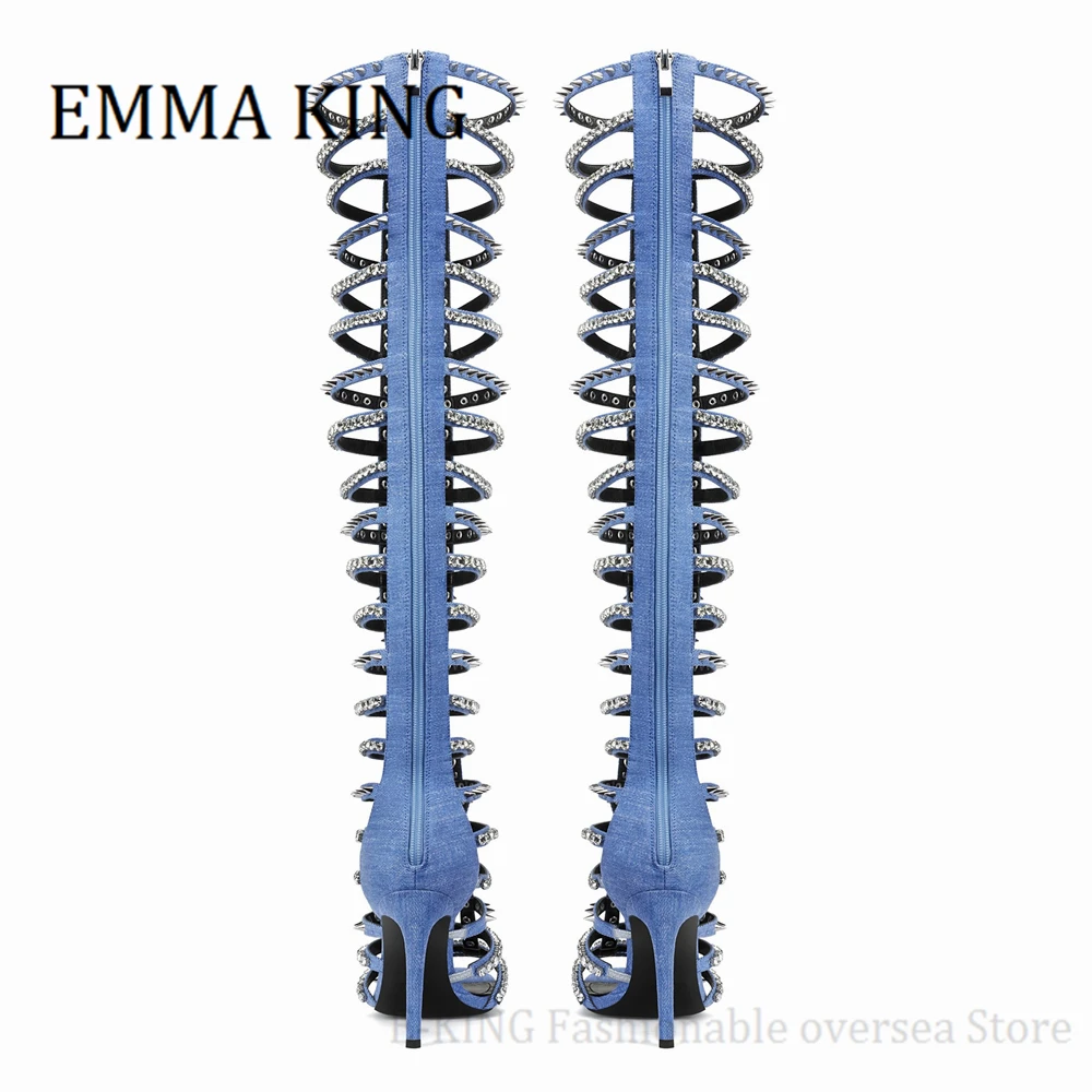 Женские босоножки-гладиаторы на шпильке синие джинсовые Босоножки с открытым