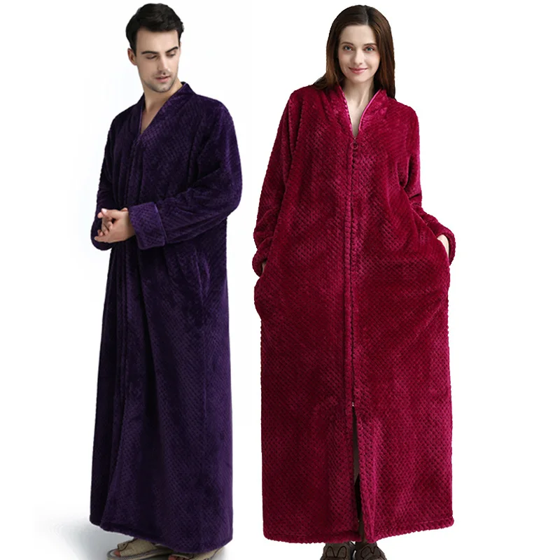 Lovers Warm Super Soft Flannel Coral Fleece Long Bath Robe MensThicken Bathrobe Male Dressing Gown Zip Robes