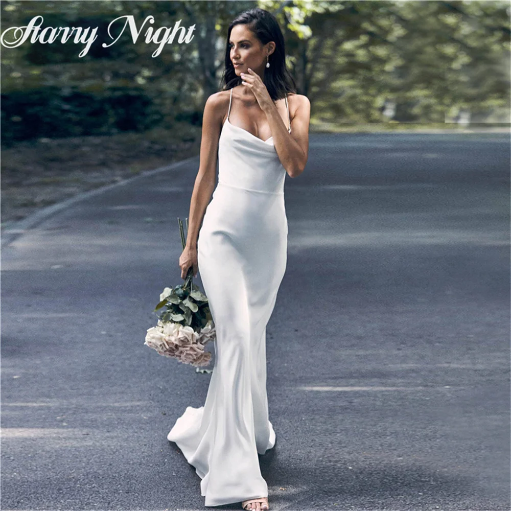 

Simple Mermaid Satin Wedding Dress V Neck Spaghetti Straps Wedding Gown Backless Court Train Bride Robe vestidos de novia
