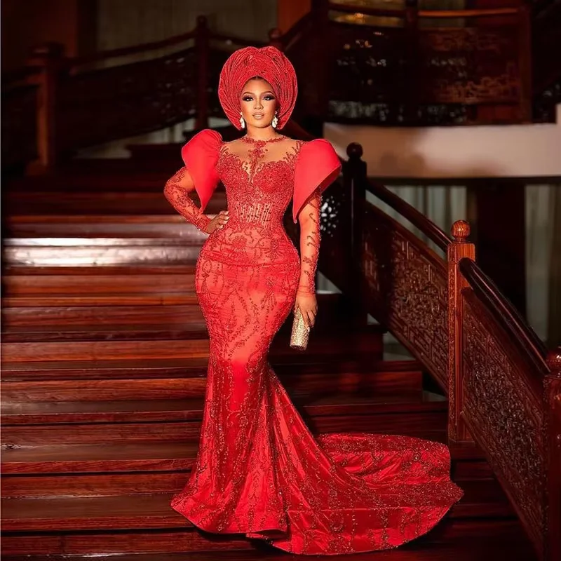 Фото Aso Ebi Вечерние платья больших размеров с кружевными аппликациями и прозрачным круглым вырезом с длинными рукавами Платье русалки для выпускного вечера Иллюзионное платье с длинными рукавами №1
