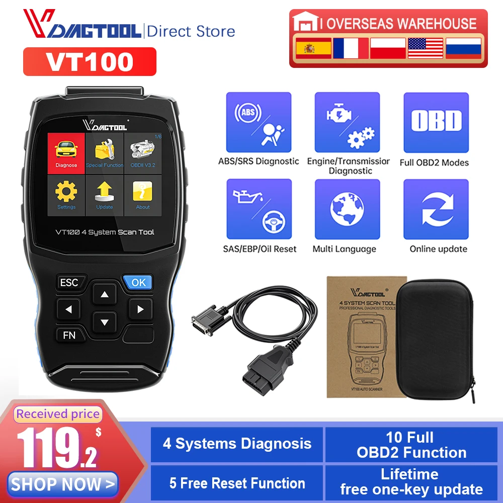 Автомобильный сканер Vdiagtool VT100 OBD2, диагностический инструмент для авто, считыватель кодов OBD2, 5 функций сброса, бесплатное обновление