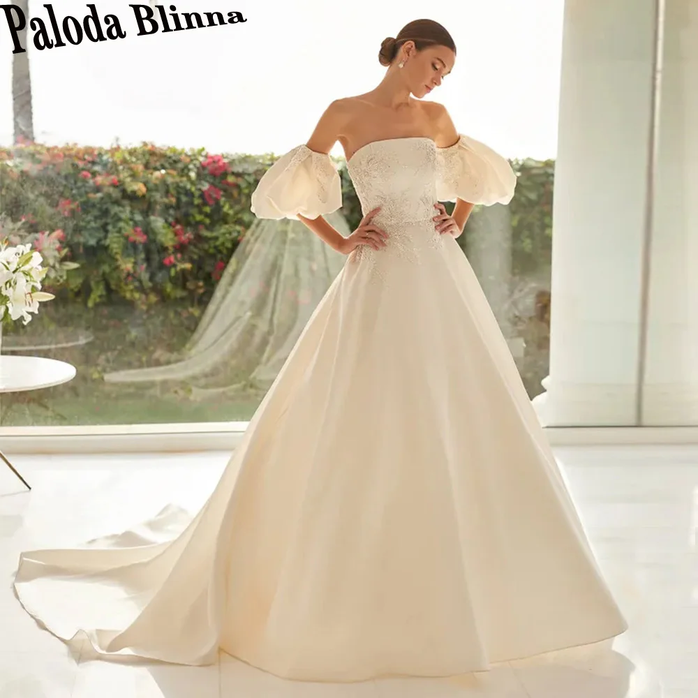 

Paloda Generous A-LINE Satin Wedding Dresses For Women Detachable Half Puff Sleeves Backless Court Train Button Strapless