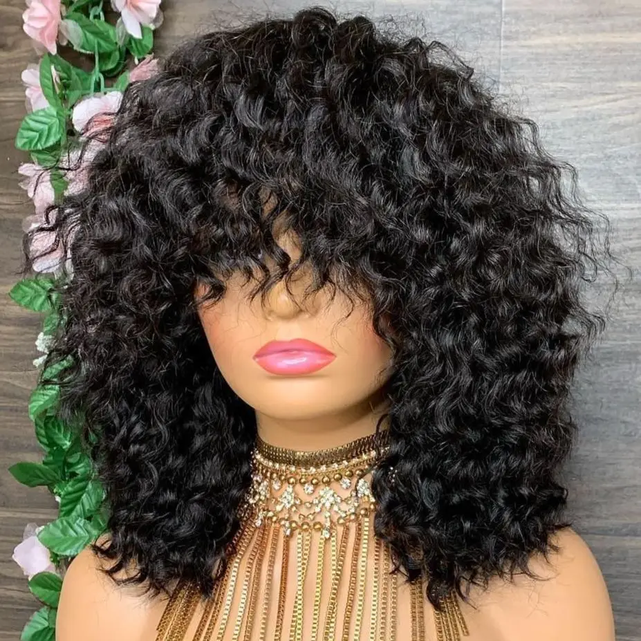 Pelucas de cabello humano ondulado con flequillo para mujer, pelo brasileño rizado, corte Pixie, hecho a máquina