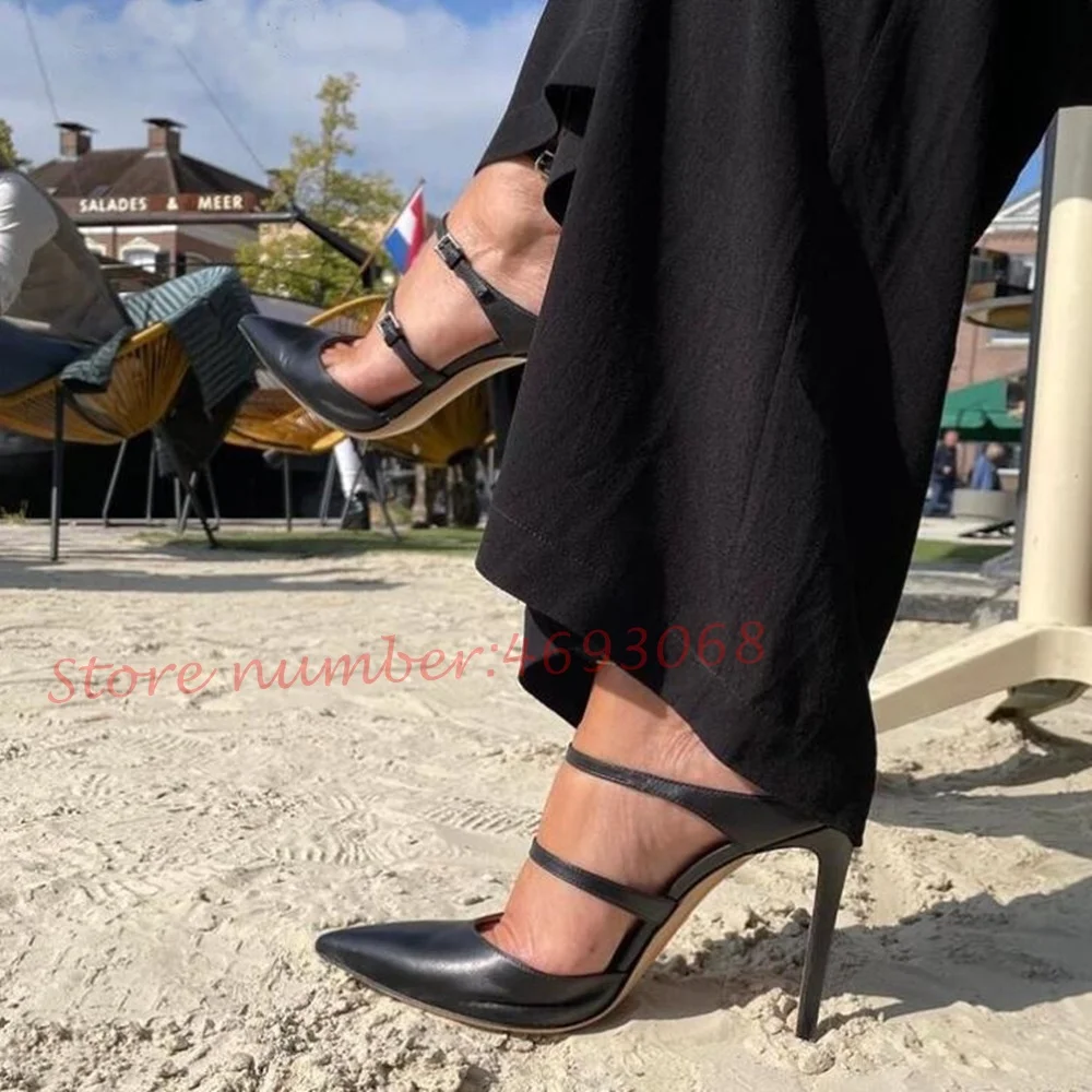 

Pointy Black Thin Straps Women Sandals Summer Party Buckle Strap Female Narrow Band Shoes Casual Fashion High Stiletto Heels