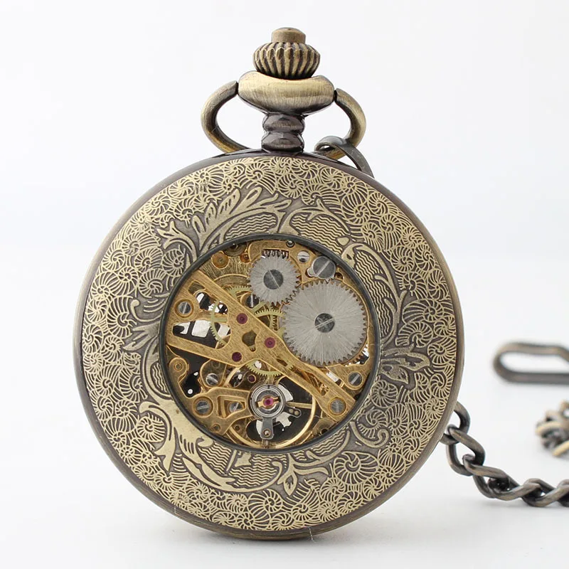 Bronze Retro Skeleton Gear Pocket Watches Personalised Mechanical For Men Women Circle Analog Design Hand Wind Fob Watch