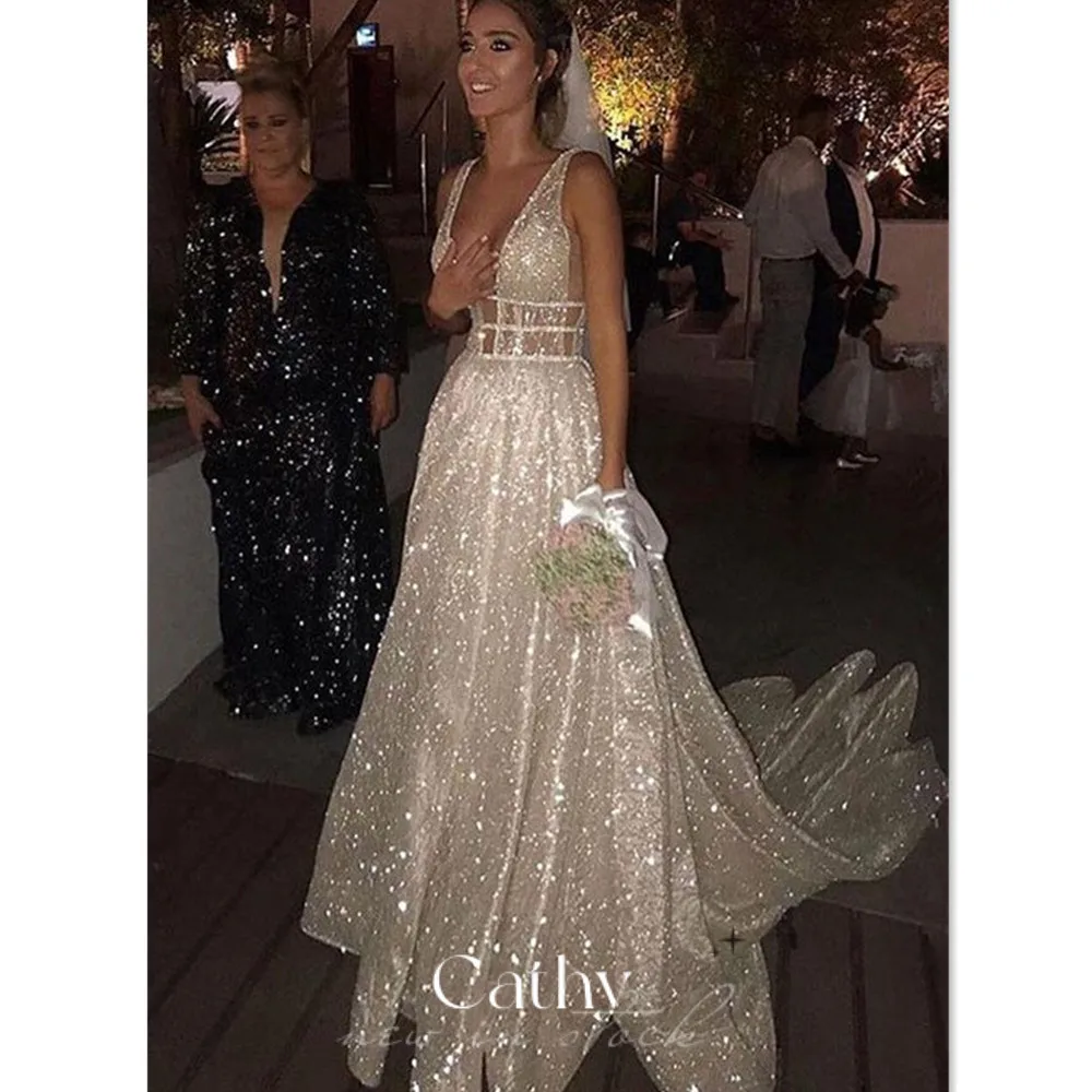 

On Sale A-line Wedding Dresses For Women Bride Glitter Sweep Train Wedding Gown Sequins Belt A-line Vestidos De Novia