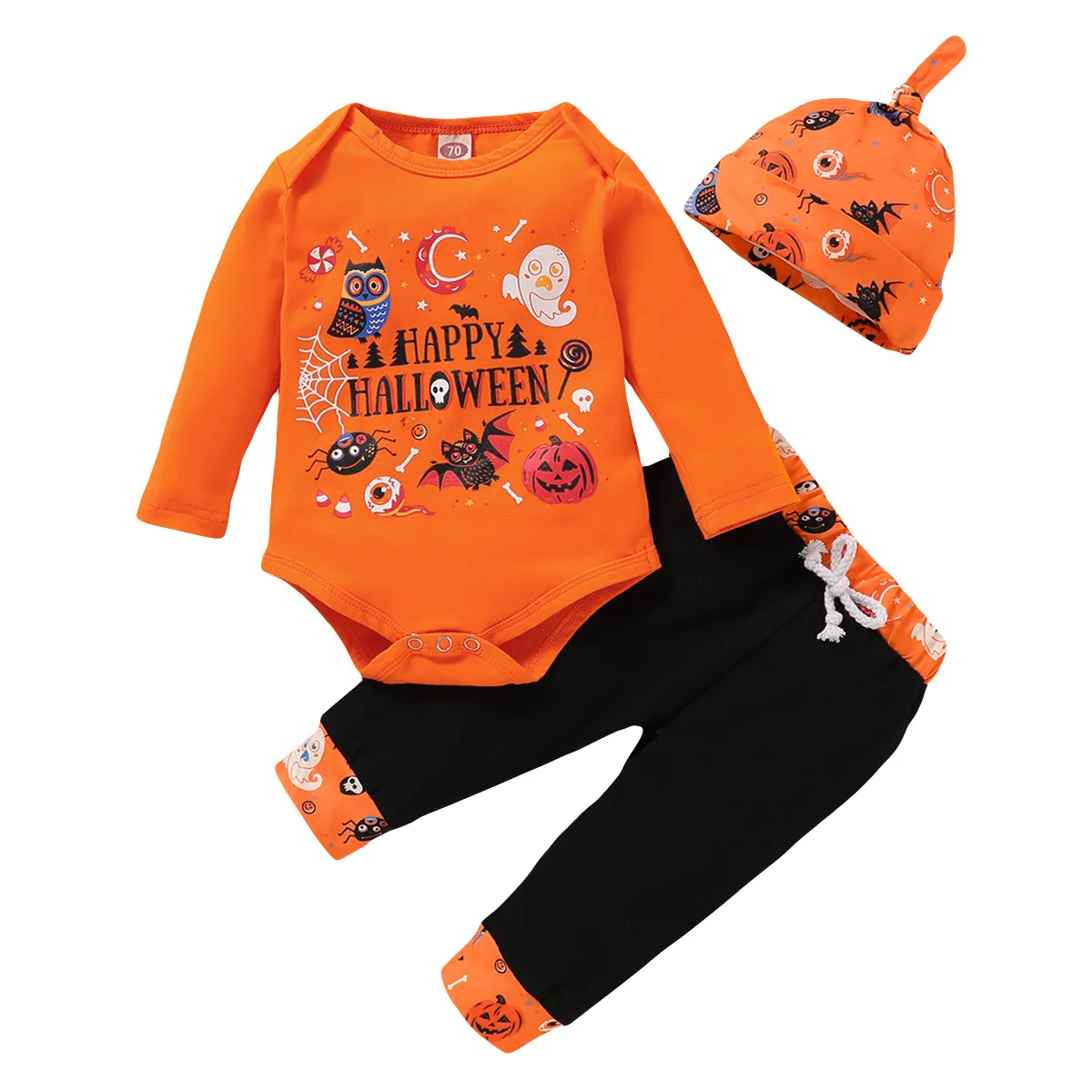 

2022 Festival Baby Halloween Romper 3Pcs Printed Pumpkin Kids Clothes Button Close Full Pants Long Sleeve Pajamas