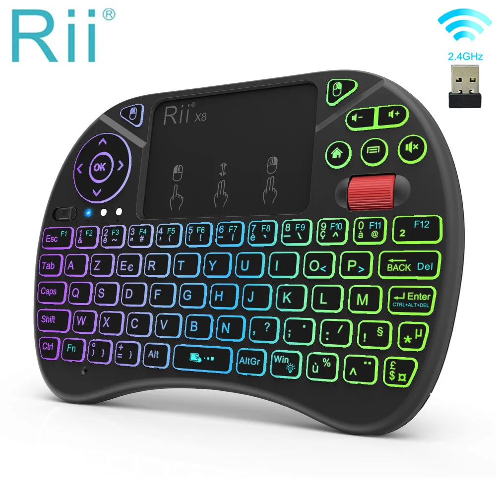 

Original Rii X8 2.4GHz AZERTY Mini French Wireless Keyboard with Touchpad, changeable color LED Backlit, Li-ion Battery