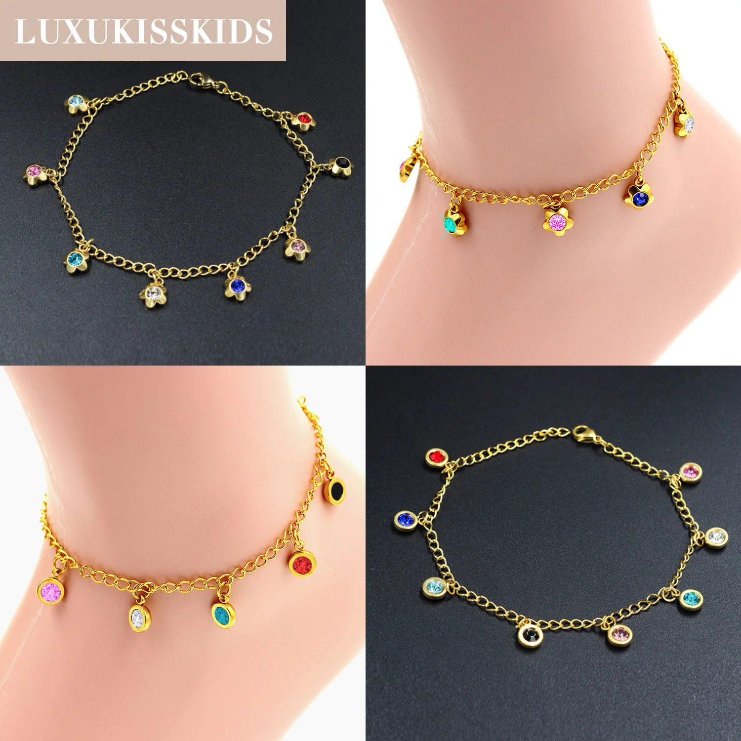 Ножной браслет LUXUKISSKIDS в стиле бохо с разноцветными Фианитами подвесками виде