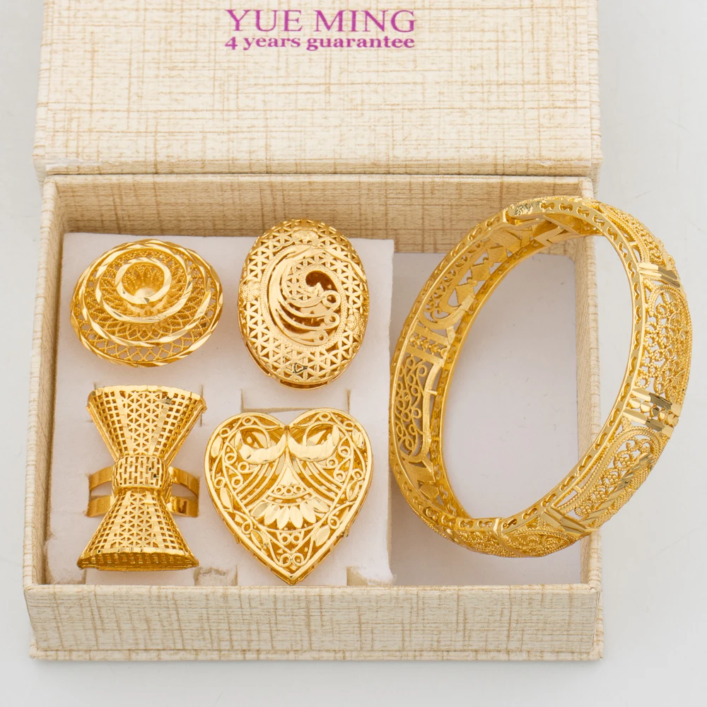 

New Fashion Cuff Bracelet Rings for Woman Luxury Classic Gold Color Copper Jewerly Set With Gift Box Bride Wedding Free Shipping