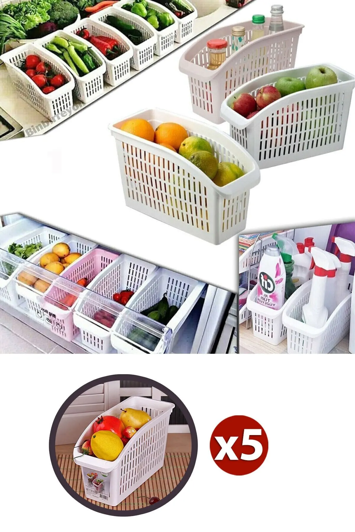 5 Pcs Refrigerator Organizer Basket White Plastic Vegetable Fruit Storage Under Counter Bathroom Kitchen Storage Organization