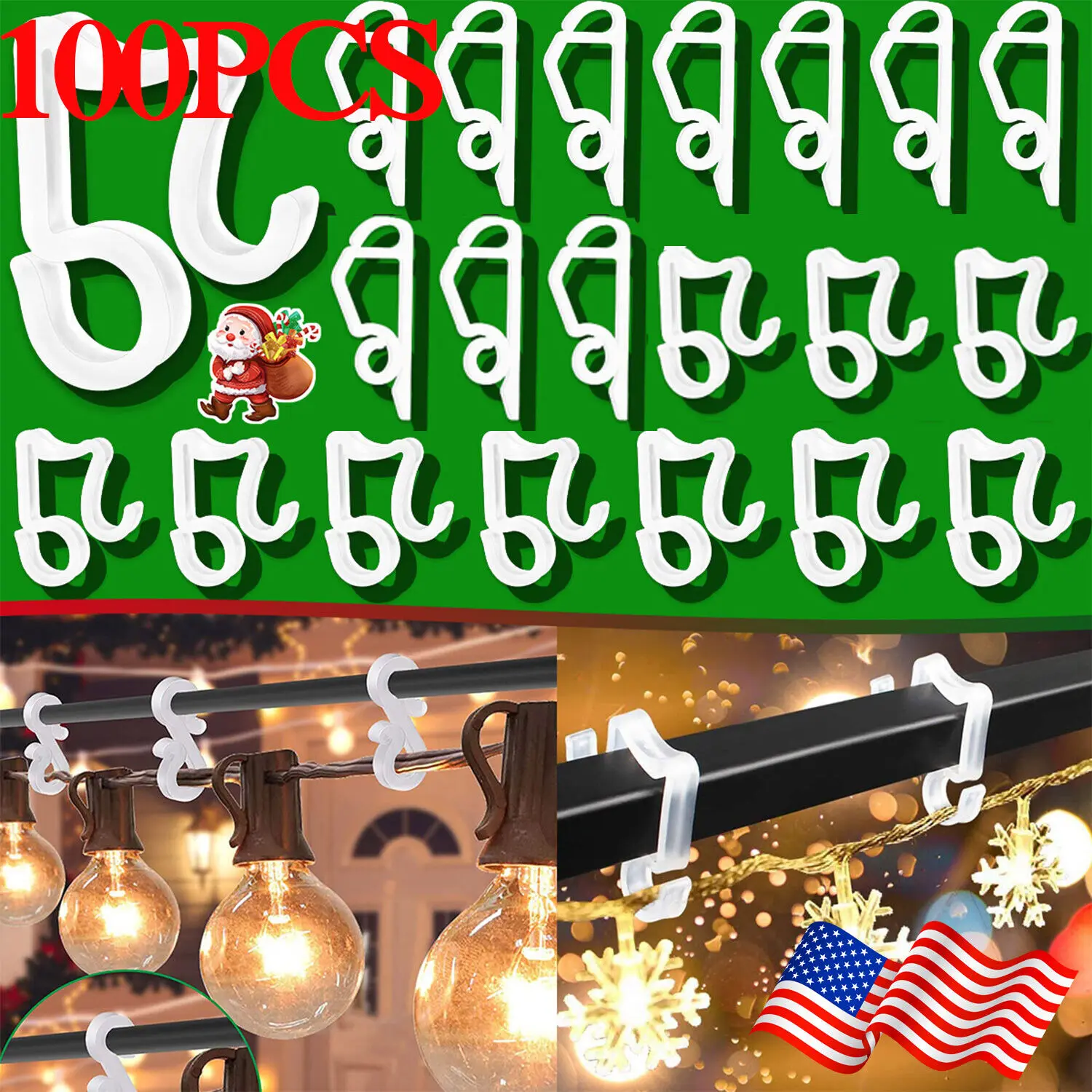 

100PCS Christmas Light Clips Durable Weatherproof Plastic Hang Gutter Hooks Deco US