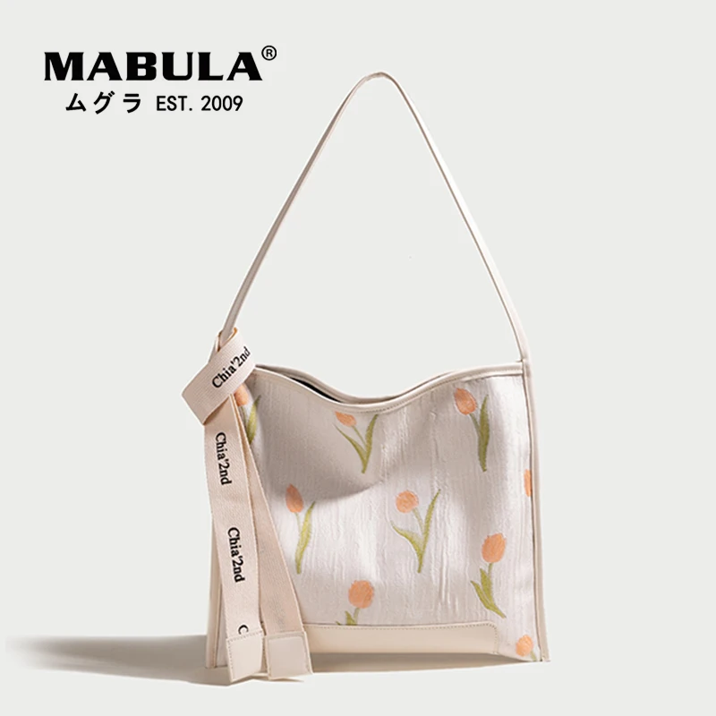 

MABULA Casual Canvas Women Shoulder Bags Floral Simple Design Handbag Large Capacity Work Totes With Leather Handle